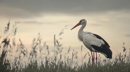 Obraz premium White stork standing in tall grass at sunset, peaceful countryside scene, nature photography