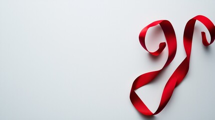 Red ribbon cascading in elegant curves, Valentine's Day theme, delicate shadows, soft focus effect, clean pastel backdrop, ample copyspace, no trademarks or watermarks, professional stock photo design