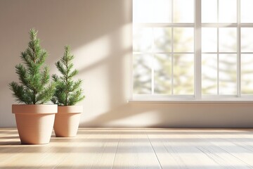 Two potted fir trees by a sunlit window.