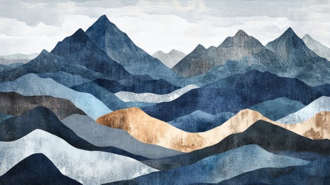 Serene Blue Mountain Range Abstract Watercolor Landscape