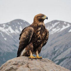 Fototapeta premium A golden eagle perched on a rock, looking majestic, with a white background.