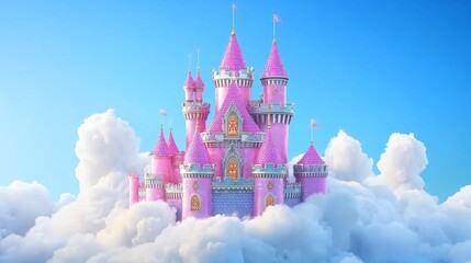Enchanting Fantasy Castle Surrounded by Fluffy White Clouds Under a Bright Blue Sky