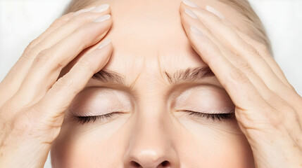 Fototapeta premium Woman, headache, stress, massage, face, closed eyes, white background, healthcare