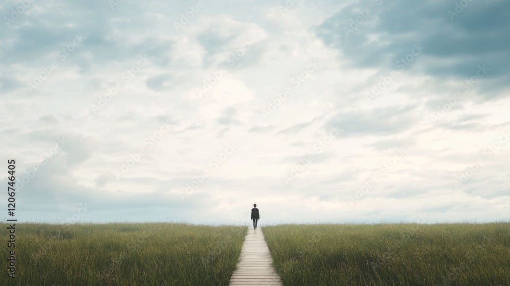 Poster solitary figure walking down a path through a vast field under a cloudy sky.