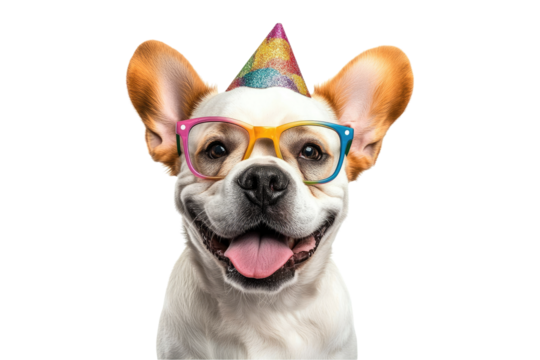 Bulldog wearing colorful glasses and a cute party hat isolated on white or transparent PNG