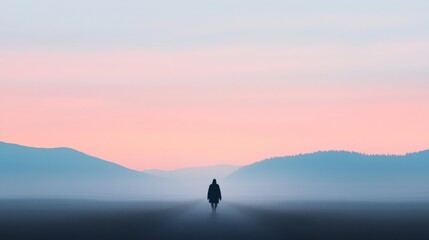Solitary figure walking towards a pastel sunrise over misty mountains.