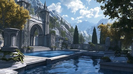 Serene landscape with a grand archway and tranquil water features.