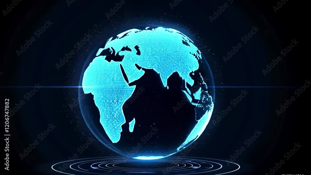 Poster blue hologram globe rotating, communication technology world network, 3d rendering futuristic concep