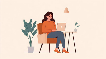 Woman works on laptop in home office, plants in background; website, blog, or article illustration