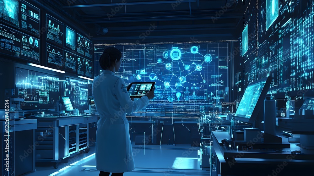 Poster scientist studying data in advanced futuristic laboratory