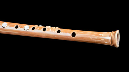 Fototapeta premium Wooden flute, musical instrument, close-up, black background, studio shot, for music education