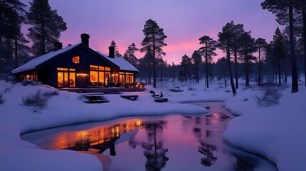 Fototapeta premium Winter Cabin Sunset Lakeside Serenity Peaceful Forest