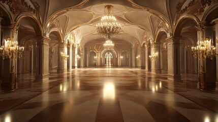 Fototapeta premium Elegant grand hall with chandeliers and polished floors.