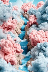 Surreal River Landscape with Pink and Blue Clouds