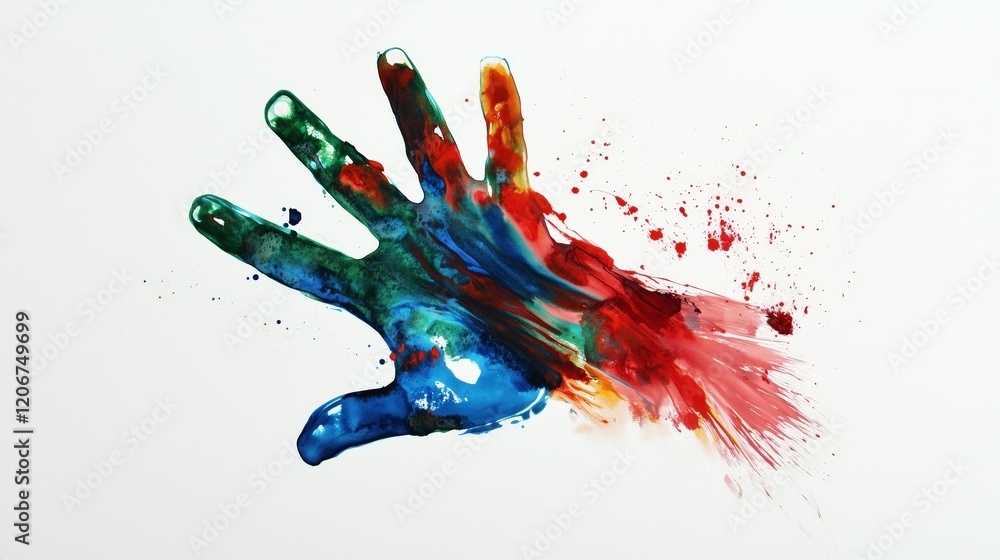 Poster colorful handprint abstract: a vibrant, expressive handprint explodes with color, creating an abstra