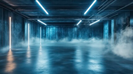 Smoke filling modern showroom garage underground concrete glowing with neon lights