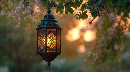 Illuminated Lantern Hanging From Blossoming Tree Branch