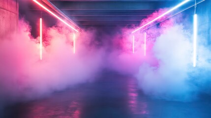 Smoke filling modern showroom garage underground concrete glowing with neon lights