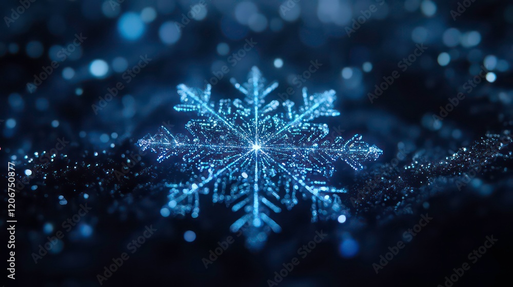 Poster snowflake pattern made of glowing blue digital particles on dark background winter technology concep