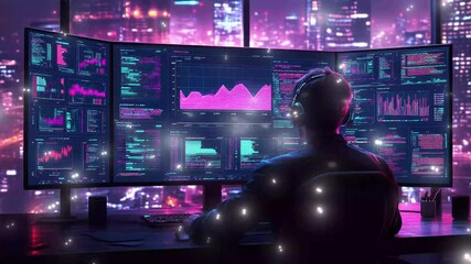 Data analyst immersed in advanced digital monitoring amidst a vibrant cityscape glitch stream overlay seamless loop Vtuber streamer asset twitch zoom OBS screen animated wallpaper virtual background - Powered by Adobe