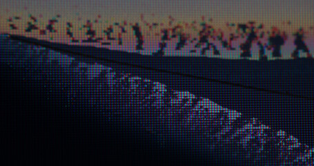 Broken screen. Damaged TV. Distorted pixel color grid of analog static artifact. Cracked glass...