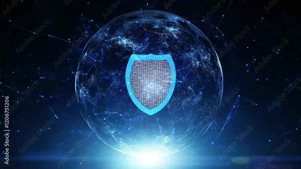 Poster digital shining sphere with 3d shield rotation background.