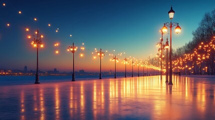 Illuminated Winter Promenade Lights Reflecting on Ice