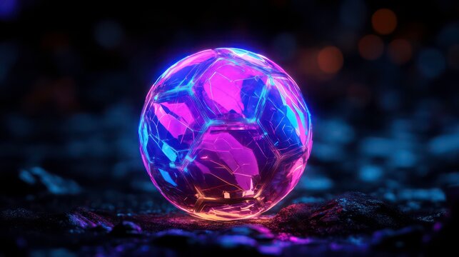 Soccer ball shining with futuristic neon colors on black background