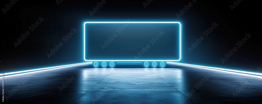 Poster a futuristic stage featuring a glowing blue rectangular frame against a dark backdrop, creating a sl