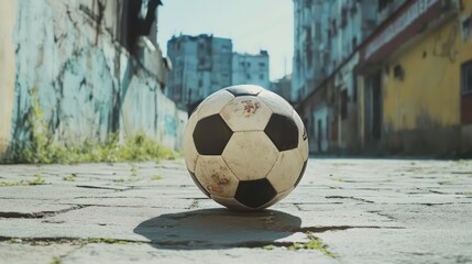 soccer football on concrete street daylight urban city background sports vertical format