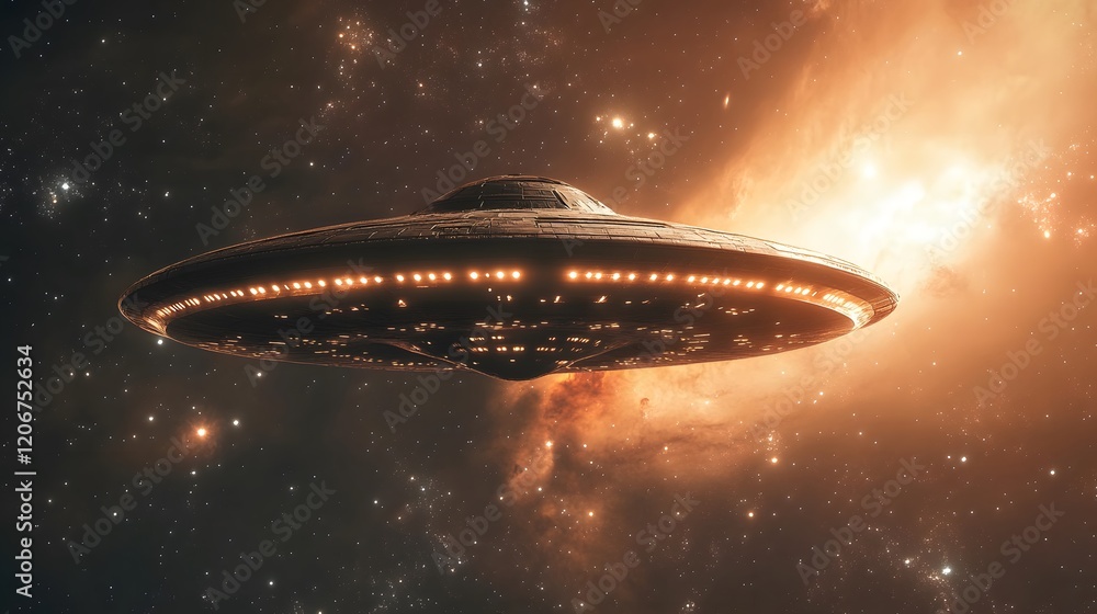 Poster unidentified flying object soaring through cosmic nebula