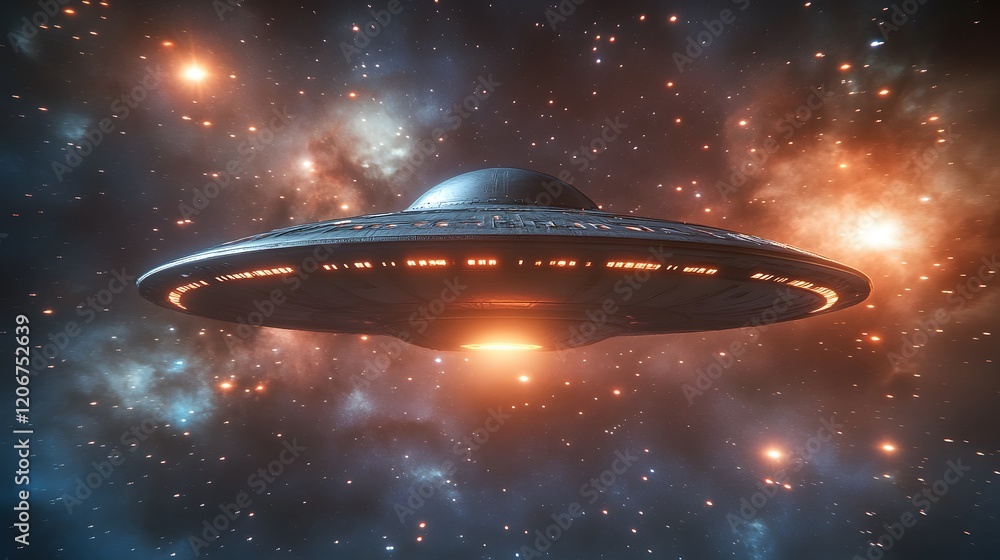 Poster spaceship traversing a cosmic nebula field of stars