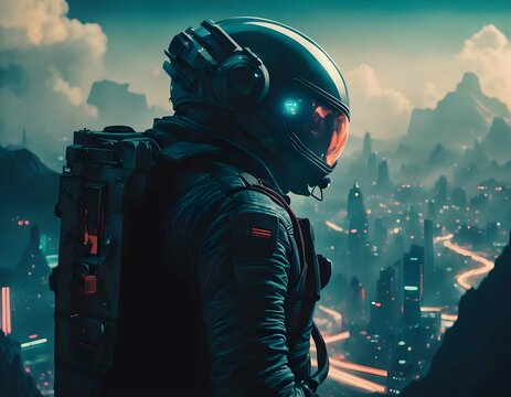 A hyperrealistic astronaut exploring an alien planet with vibrant flora, fauna, and vintage sci-fi style