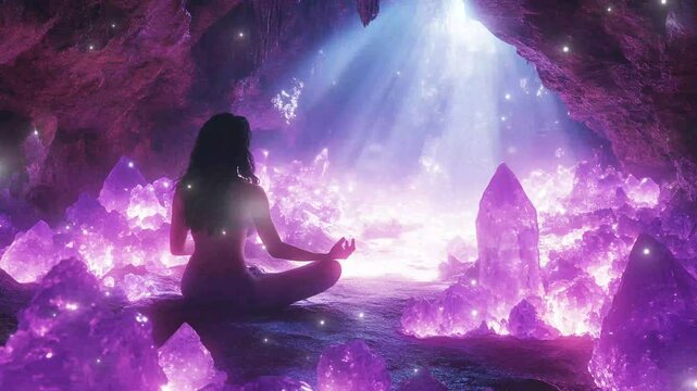 A woman meditates in peace among glowing amethyst crystals. glitch stream overlay seamless loop Vtuber streamer asset twitch zoom OBS screen animated wallpaper virtual background