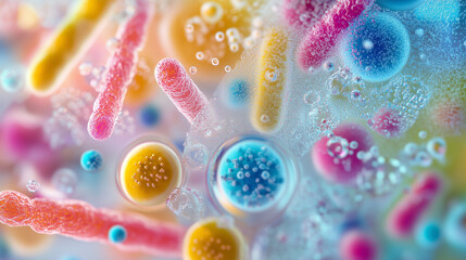 Macro close-up of colorful bacteria colonies and virus cells under a microscope in a scientific petri dish