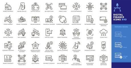Digital Finance, Economy and Fintech thin line icon set. Editable vector stroke illustrations for cryptocurrency, blockchain, banking, payments, financial tools and investments. 