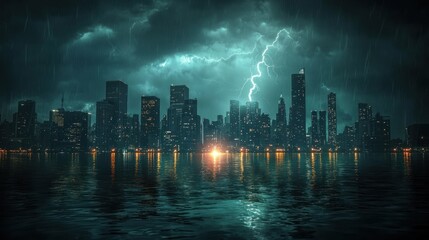 Fototapeta premium Cityscape Under a Dramatic Thunderstorm