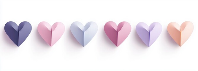 A Row of Hearts:  Five paper hearts in a row, four in shades of red and one white, arranged in a minimalist design, evoke a feeling of love, unity, and diversity. 