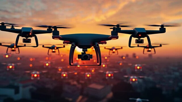 A swarm of drones flying in formation over a cityscape at sunset. Surveillance technology, Monitoring, urban innovation