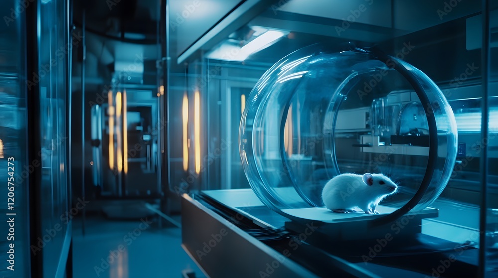 Poster laboratory mouse inside a transparent running wheel