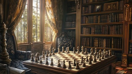 A sunlit chess game in an antique library, classic bookshelves filled with old tomes, a scene of quiet contemplation and strategic thinking.