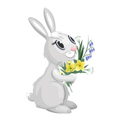 Obraz premium Cartoon rabbit with a bouquet of wildflowers, isolated on a white background.Vector illustration for holiday designs,postcards,textiles.