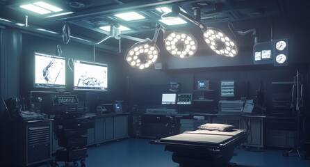 Modern sterile operating room with medical equipment and monitors.