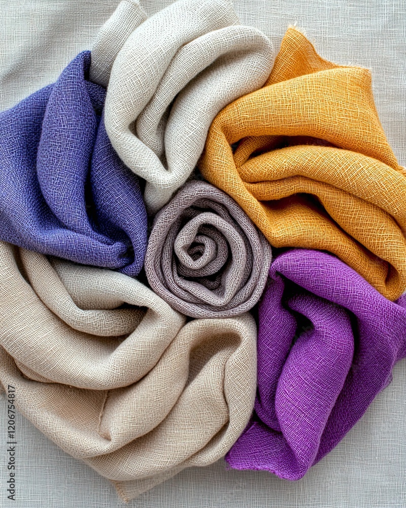 Aufkleber colorful folded fabrics arranged in a circular pattern resembling a flower, showcasing various textu