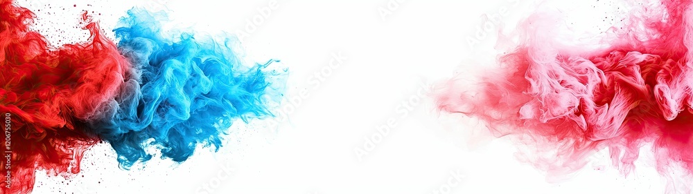 Poster vibrant clouds of red and blue smoke merge in a dynamic display against a white background, creating