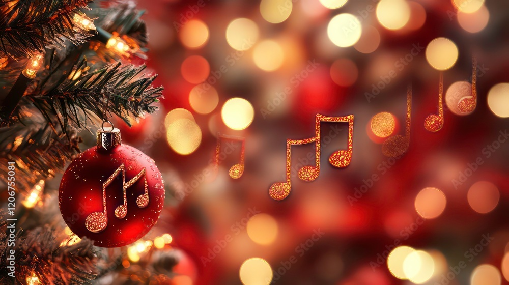 Poster sparkling christmas tree with music notes in festive red background creating a magical holiday atmos