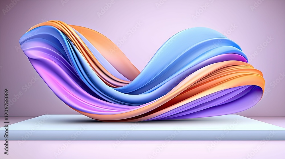 Poster abstract wave-like shapes in soft pastel colors on a minimalist platform, conveying fluidity and mod