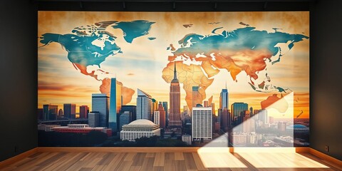 World map mural with cityscape at center on large wall, background, painting, destination