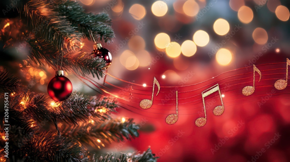 Poster sparkling christmas tree with music notes in festive red background creating a magical holiday atmos