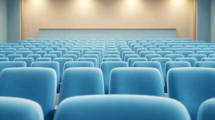 Fototapeta premium Rows of blue fabric theater seats in contemporary auditorium setting, creating calm and inviting atmosphere for audiences